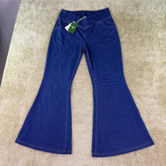 Halara Flex Super Flare Jeans High Waisted Crossover Blue Womens XL Petite E705 - Picture 1 of 14